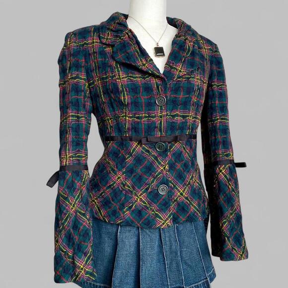Simon Chang Wool Multicoloured Plaid Blazer with Bow Detail & Flare Sleeves! - Picture 1 of 8